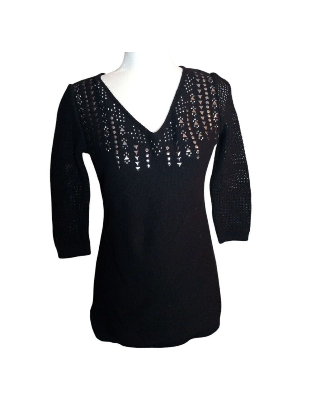 Style & Co Cosweater V-neck Black With Gold Embellishments Size XS